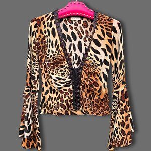 Vintage Y2K Mesh Leopard Print Lace Up Top Flared Bell Sleeves Grommets Size M